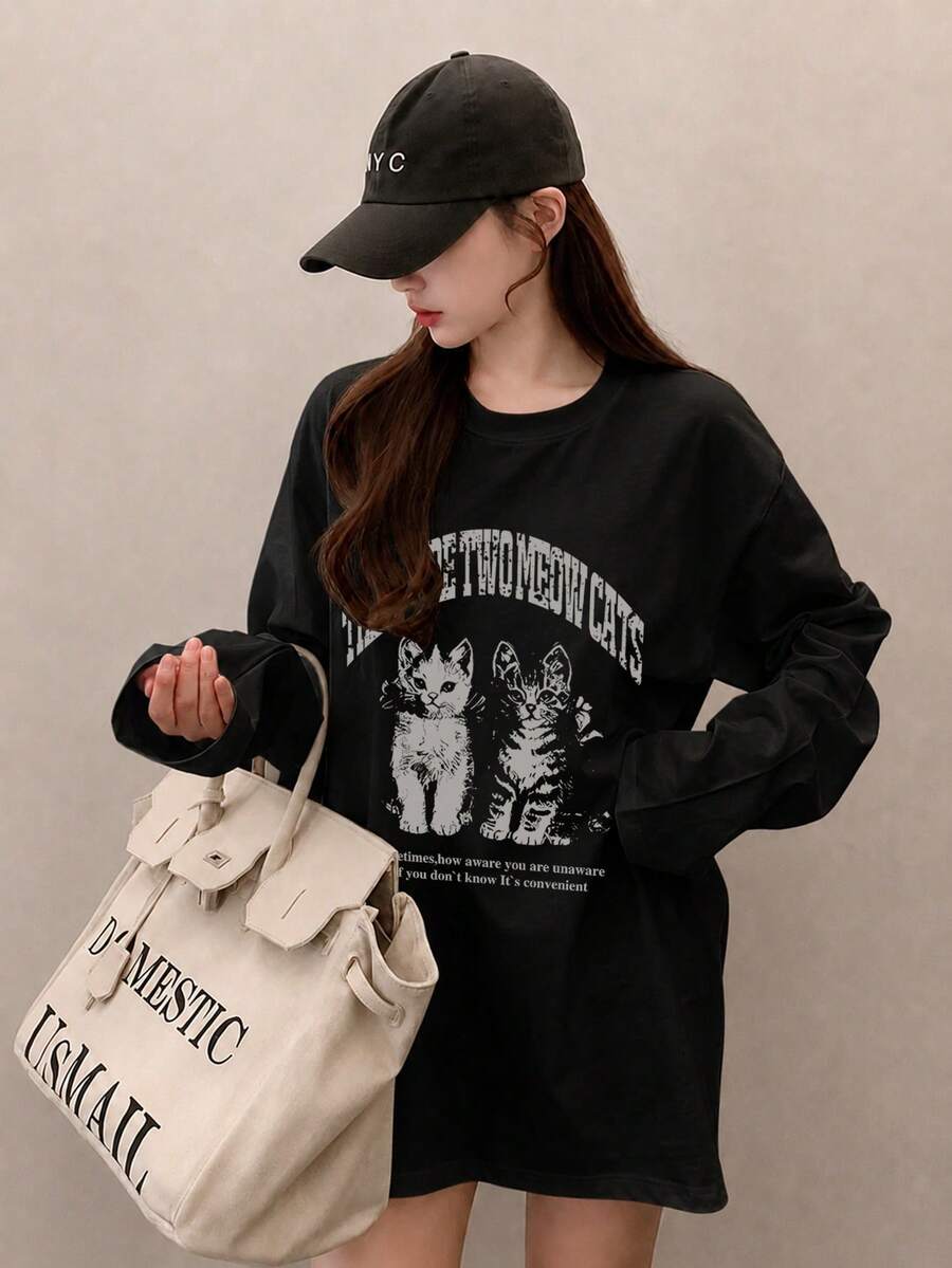 Kaos Lengan Panjang Wanita Model Longgar dengan Motif Huruf & Kucing, Serbaguna untuk Gaya Kasual Musim Semi dan Gugur - Hitam - View 1