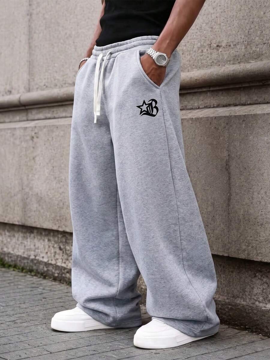 Men's Casual Lightweight Sports Pants, Unisex. Featuring A Loose Straight Fit And Drape, Suitable For Home And Outdoor Activities. Made Of 100% Polyester, With Drawstring Waist For Easy Adjustment - Light Grey - View 1