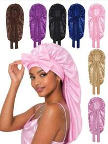 1pc Long Satin Bonnet For Women, Adjustable Tie Strap Sleep Cap, Stretch Hair Cover For Curly Hair, Nighttime Hair Protection & Beauty Care - Multicolor - View 4