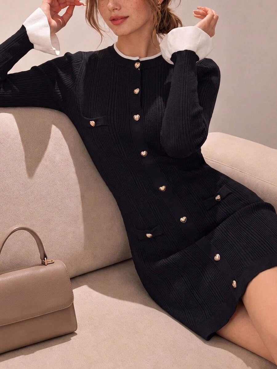 Women's Elegant Commuter Contrast Cuff Front Button Slim Fit Knit Dress - Black - View 1
