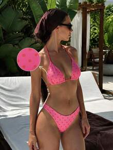 HOTTIE HABIT Conjunto de bikini triángulo con cuello halter y lunares magenta, busto fruncido, lazo ajustable, corte alto, traje de baño sexy de dos piezas, adecuado para vacaciones de verano en la playa - Rosa Fucsia - Ver 3