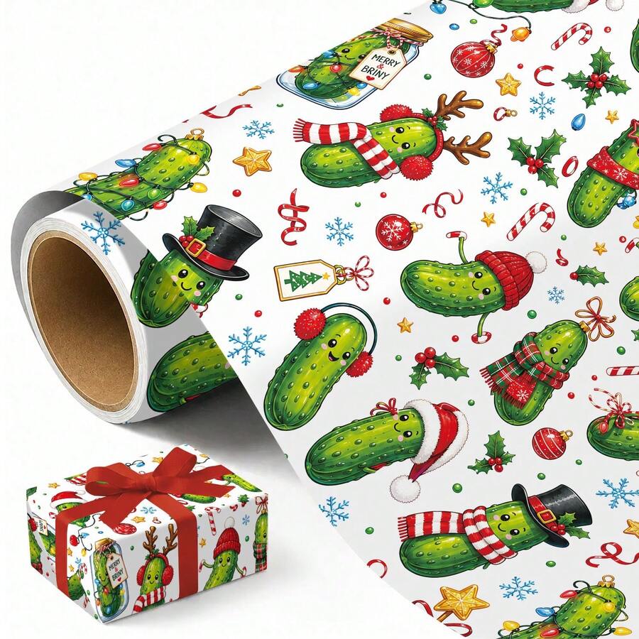 1set Funny Pickle-Themed Christmas Wrapping Paper Suitable For Xmas Gifts(Includes Stickers), Birthday Party Decorations With Santa Hats & Candy Cane Patterns - Single-Sided Print Multicolor Gift Wrap For DIY Crafts, Birthdays, Holiday Presents - Bitter Melon - View 1