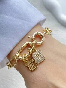 1PC Luxury Screw Buckle A-Z Initial Letter Bracelet,Double Colorful Climbing Chain,Double Buckle Letter Double Chain,For Celebrating Holiday Daily - Yellow Gold - View 31
