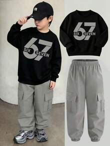 Tween Boy Numeric Print Crew Neck Long Sleeve Top And Cargo Pants Set - Black - View 1