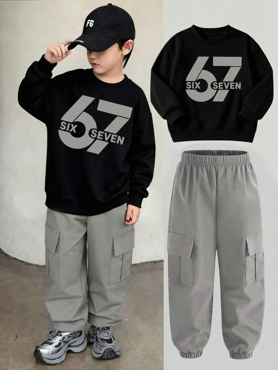 Tween Boy Numeric Print Crew Neck Long Sleeve Top And Cargo Pants Set - Black - View 1