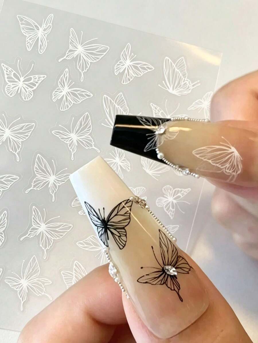 1 buah/2 buah Stiker Seni Kuku Kupu-kupu Sketsa Minimalis Musim Gugur Musim Dingin Natal, Pola Kupu-kupu Garis Putih Berbagai Ukuran, Stiker Dekorasi Kuku DIY, Gaya Salon - Putih - View 1