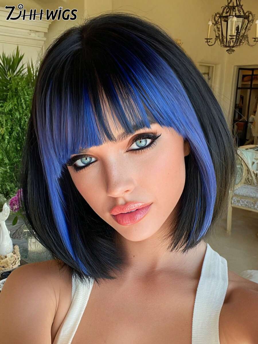 7JHH WIGS Short Straight Black Wig With Blue Bangs For Women 12 Inch Full Machine Heat Resistant Synthetic Fiber Costume Wig For For Halloween Cosplay Wear, Music Festivals Fashion Party Use
