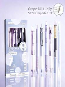 1/7pcs Morandi Purple Retractable Gel Pens, Grape Milk Jelly Ballpoint Pens, Quick-Dry Black Ink Smooth Writing Pens For Students, Gift Box Stationery, Back To School Gift For Friends - Purple Set - View 9