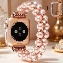 Pulsera de joyería con cuentas - Pulsera de perlas y diamantes de doble hilera + circonita cúbica de doble hilera compatible con Apple Watch 38 mm 40 mm 41 mm 42 mm 44 mm 45 mm 46 mm 49 mm S10/11-42 mm - Correa elástica para mujer - Diseño sencillo, elegante, moderno y brillante de perlas y diamantes - Cuerda cómoda, ligera y duradera - Se adapta a muñecas de 14 a 16 cm de circunferencia - Accesorio de correa de repuesto - 45mm - Ver 7
