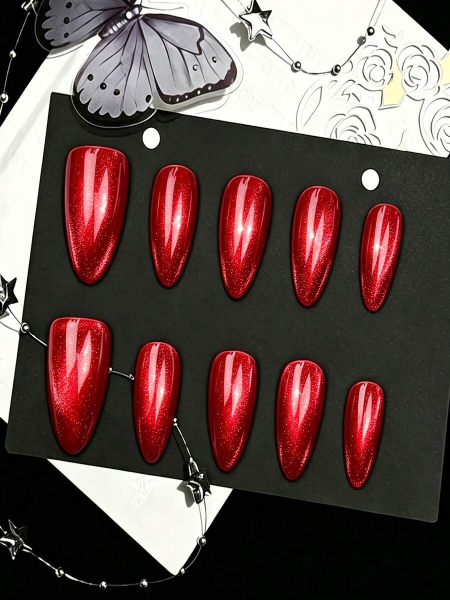 Premium Almond Cat Eye Press-On Nails, Easy-To-Wear Fashionable Bright Red Magnetic Glitter False Fingernails, Reusable Artificial Nail Tips, Suitable For Women Christmas Wedding Party Manicure Products