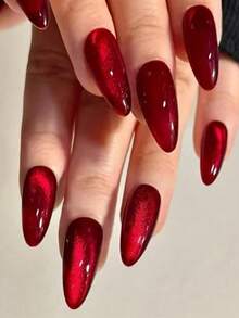 Premium Almond Cat Eye Press-On Nails, Easy-To-Wear Fashionable Bright Red Magnetic Glitter False Fingernails, Reusable Artificial Nail Tips, Suitable For Women Christmas Wedding Party Manicure Products - Multicolor - View 4