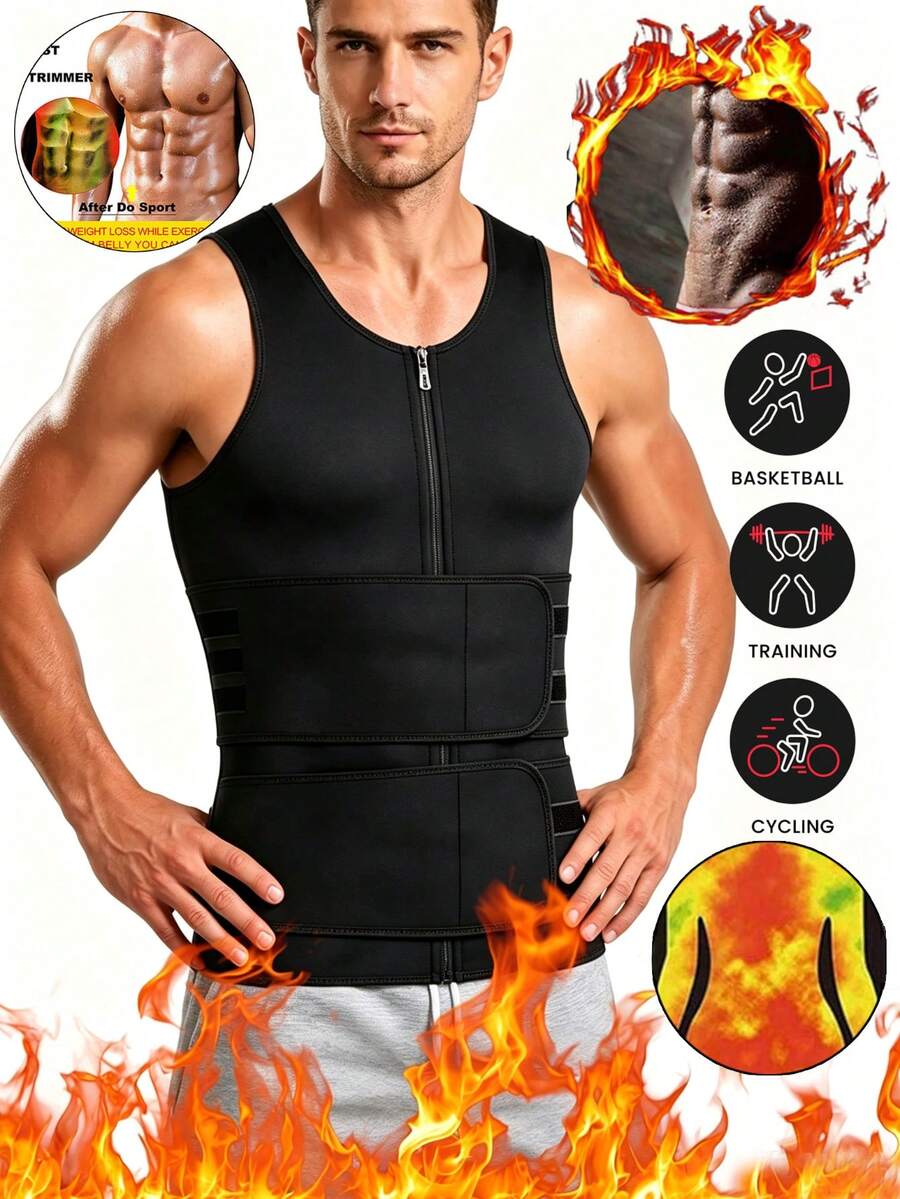 1 pieza Chaleco de compresión de neopreno para hombres, camiseta deportiva sin mangas con cremallera delantera, moldeador corporal con banda de cintura ancha doble ajustable, ajuste elástico, adecuado para entrenamiento en el gimnasio, correr, ciclismo, baloncesto y uso deportivo diario, regalo de Halloween - Multicolor - Ver 1