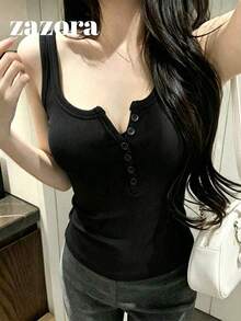 韓式簡約性感U領鈕扣針織背心女款休閒四季款 - 黑色 - 查看 4