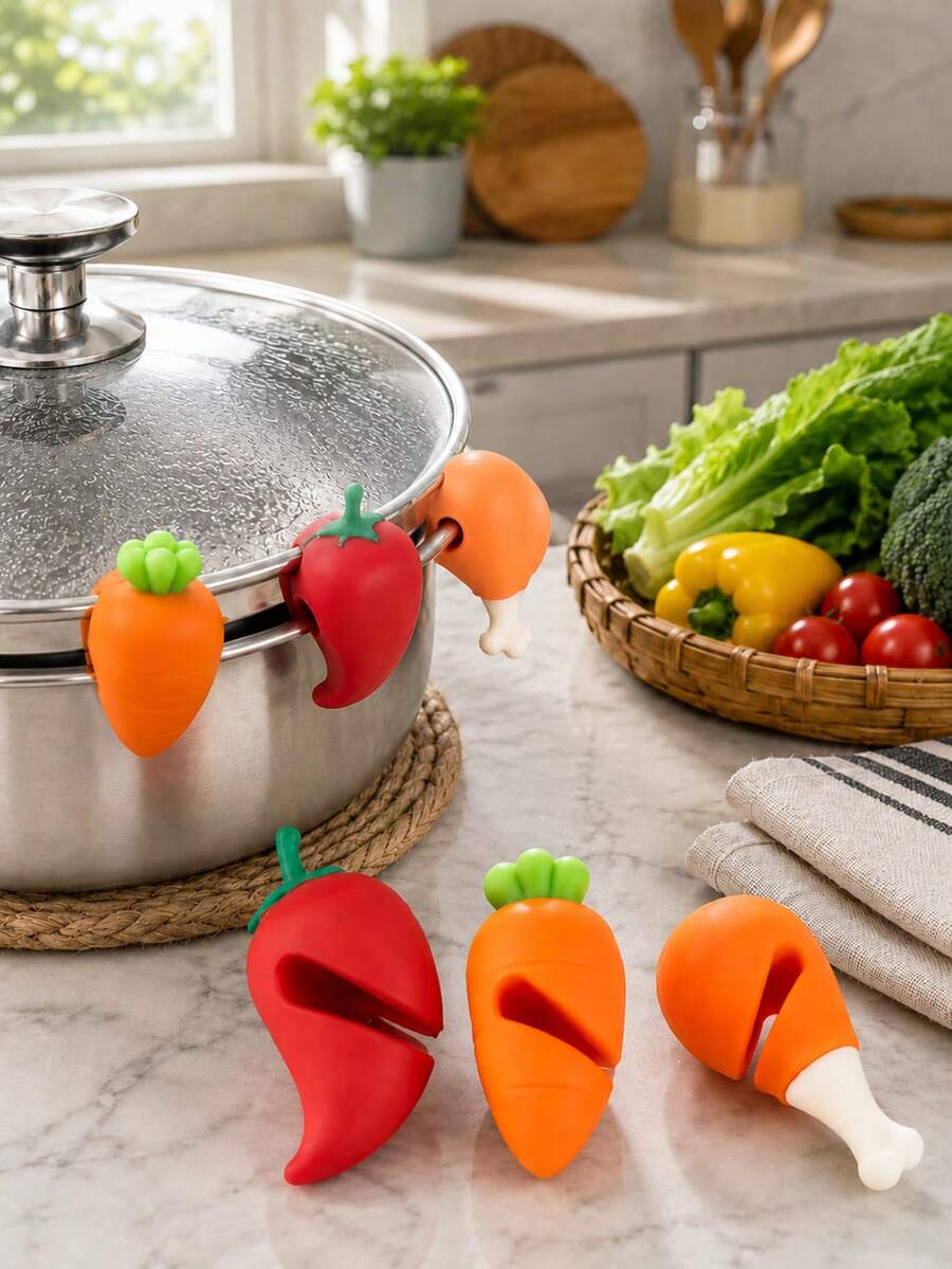 Carrot, Bell Pepper And Chicken Leg Design Pot Lid Handle, Raised Pot Lid To Prevent Soup Splatter, Practical Cooking Soup Kitchen Tool, Non-Slip Kitchen Accessory, Pot Lid Holder. Suitable For Daily Cooking And Gifting. Durable Material.