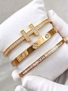 3/1pcsGold‑Tone Stainless Steel Bangle, Snake‑Textured Design, Style, Adds Extra Fashion Sense To Outfits - Gold - View 4