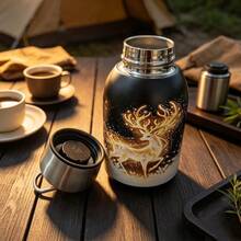 Portable Insulated Stainless Steel Water Cup, Leak-Proof Travel Mug, Reusable Drinking Container, Suitable For Camping, Commuting And Daily Activities - Black Snowflake Deer - View 3