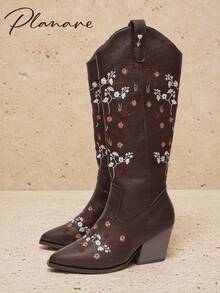 planare New Women's Popular Fashion Retro Western Style With Embroidered Floral Design Slip-On Pointed Toe Chunky Heel Brown Mid-Calf Boots - Brown - View 4
