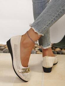 Women's Round Toe Wedge Heel Mesh Breathable Metal Buckle Low Vamp Ballet Shoes, Spring/Summer Commute Minimalist Elegant Driving Loafers - Beige - View 6