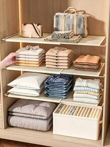 1 Pc Drill‑Free Expandable Wardrobe Storage Shelf, Black Iron Structure, No Drilling Needed, Expands Cabinet Internal Storage Space, Suitable For Wardrobe Layering, Cabinet Organization And Entryway Storage - Multicolor - View 2