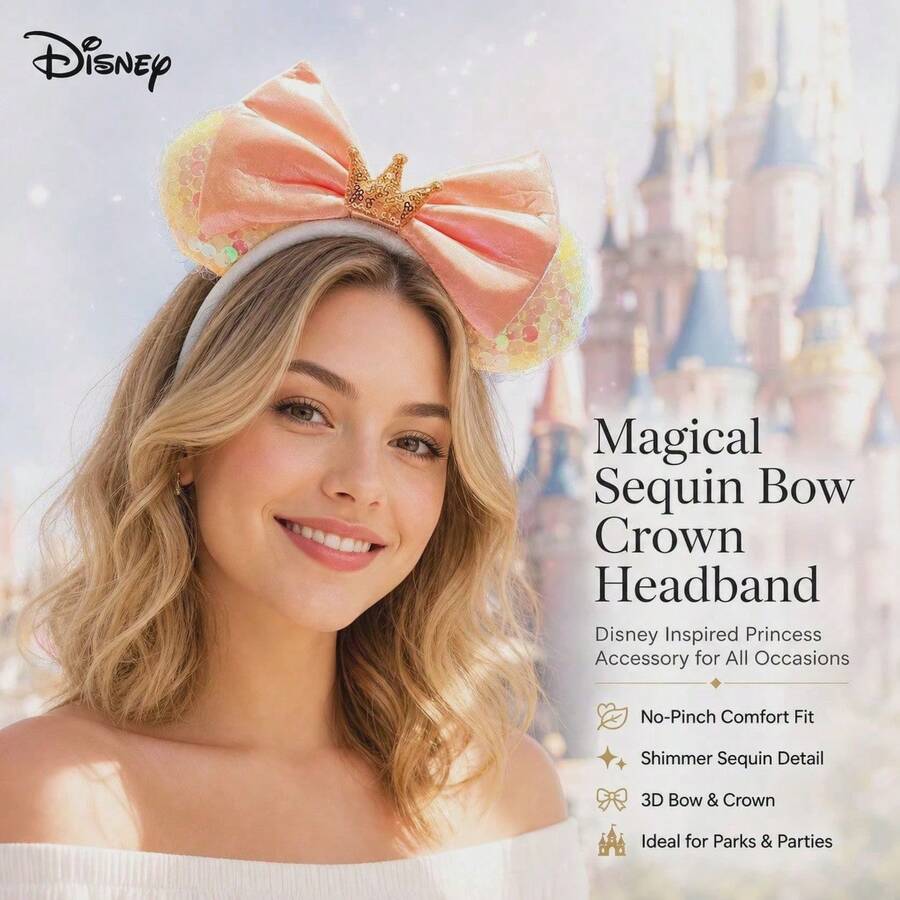 1PC Disney Style Princess Crown Sequin Minnie Mouse Ear Headband, Shiny Colorful Sequin Mouse Ears With Peach Satin Bow And Rhinestone Gold Crown Top, Essential Accessory For Disney Theme Park Travel And Vacation Outfits - Multicolor - View 1