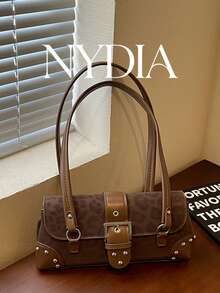 1PC Coffee Brown Leopard Print Baguette Underarm Bag, Metal Square Buckle Strap Decor, Rivet Reinforced Corners, Extended Matching Pattern Handheld Shoulder Strap, Street Style Commuter Shoulder Small Bag Light Pink Leopard Baguette Bag Rivet Decor Design Sweet Cool Style Handheld Shoulder Purse - Coffee Brown - View 12