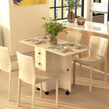 Multi-Storage Six-Person Drop Leaf Dining Table -  White On-Site - Natural Wood + Engineered Wood - View 2