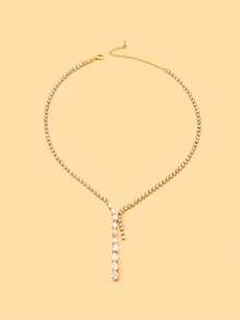 outingfit 1pc New Y-Shaped Tassel Necklace, European And American Fashion Water Drop Rhinestone Collarbone Chain, Women's Accessory - Gold - View 3