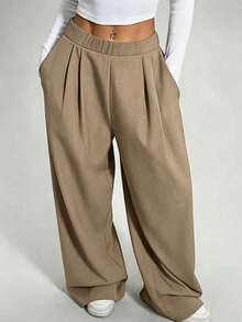 1pc Solid Color Plus Size Women Wide Leg Pants, Versatile Fashion Casual Daily Commute - Brown - View 2