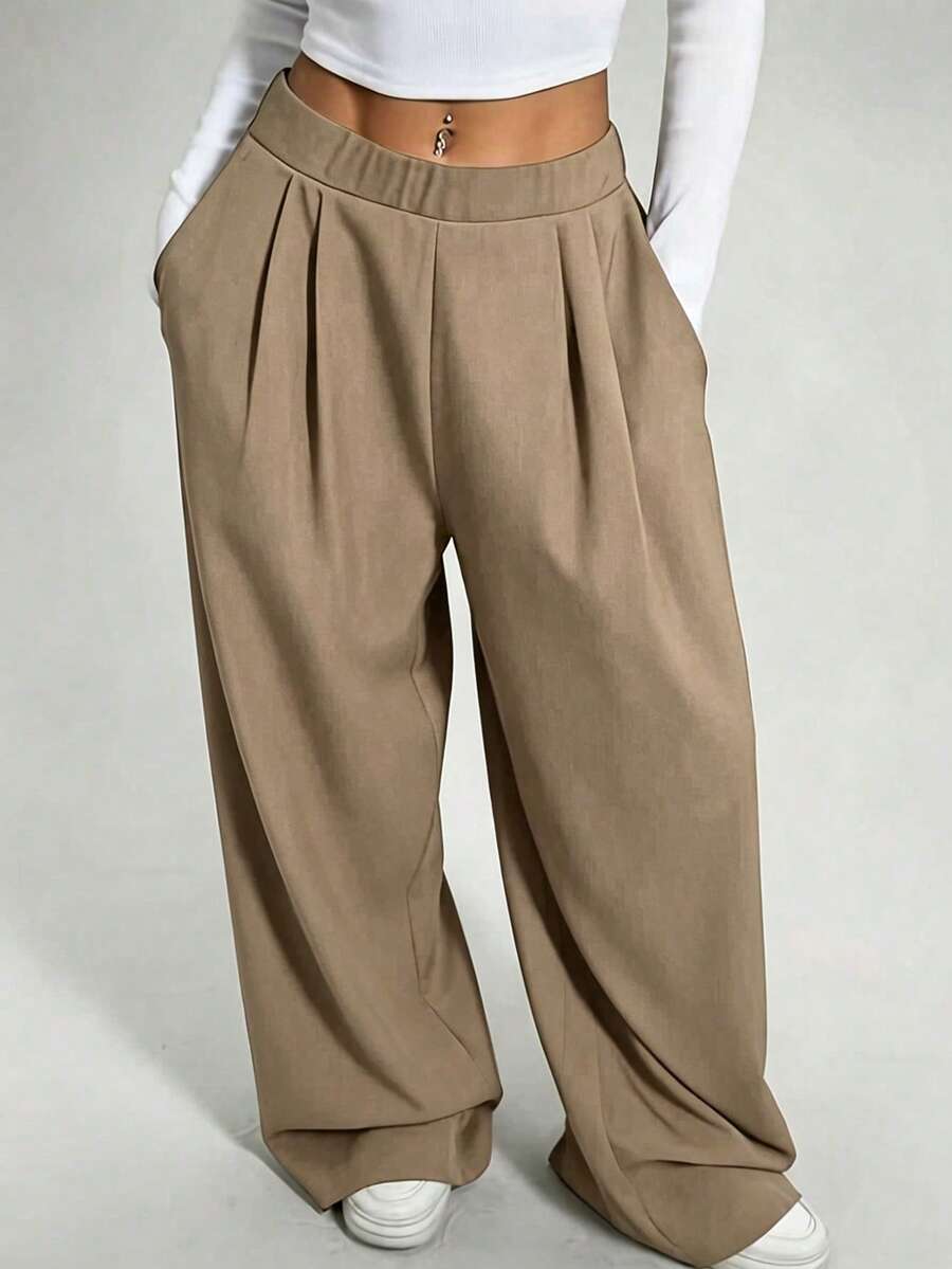 1pc Solid Color Plus Size Women Wide Leg Pants, Versatile Fashion Casual Daily Commute