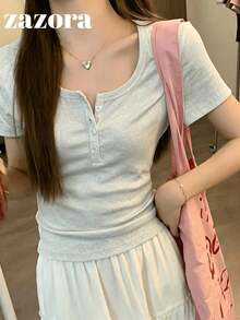 Light Gray Thin Low Neck Short Sleeve T-Shirt Women Korean Style Slim Fit Cropped Top - Light Grey - View 8