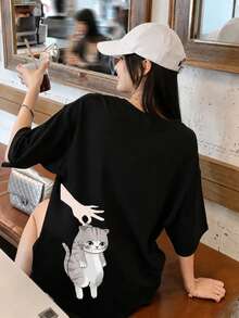 Kaos Wanita Kasual Motif Kucing Lucu Longgar Leher Bulat Lengan Pendek, Musim Semi/Panas Warna Hitam - Hitam - View 5
