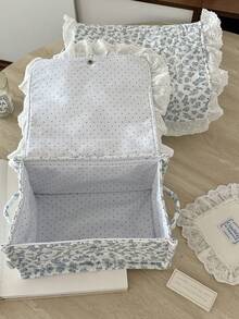 Cream White Base Blue Floral Quilted Storage Basket, Available In Multiple Sizes, Lace Ruffle Flap Design, Fabric Organizer Bin For Vanity Cosmetics - View 5