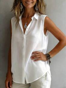 Women's Fashionable Sleeveless Collared Shirt, Versatile Loose Casual Commute Camisole Top, Semi-Sheer Solid Color With Front Button Closure, Everyday Wear - White - View 6