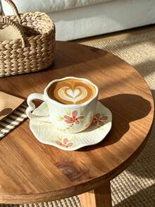 280ml Ceramic Cup And Saucer Set, Coffee Cup, Tea Cup And Water Cup With Embossed Floral Pattern; Back To School Season Ceramic Floral Milk Cup And Afternoon Tea Cup; Dessert Plate; Gift Wrapped Coffee Cup And Saucer Set - Multicolor - View 2