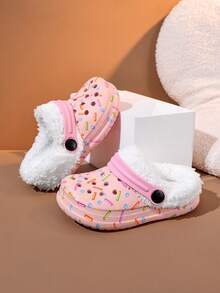 1 Pair Pink Comfortable Fashion Casual Indoor/Outdoor Versatile Thermal Lined Warm Clogs For Girls, Autumn/Winter - Pink - View 1
