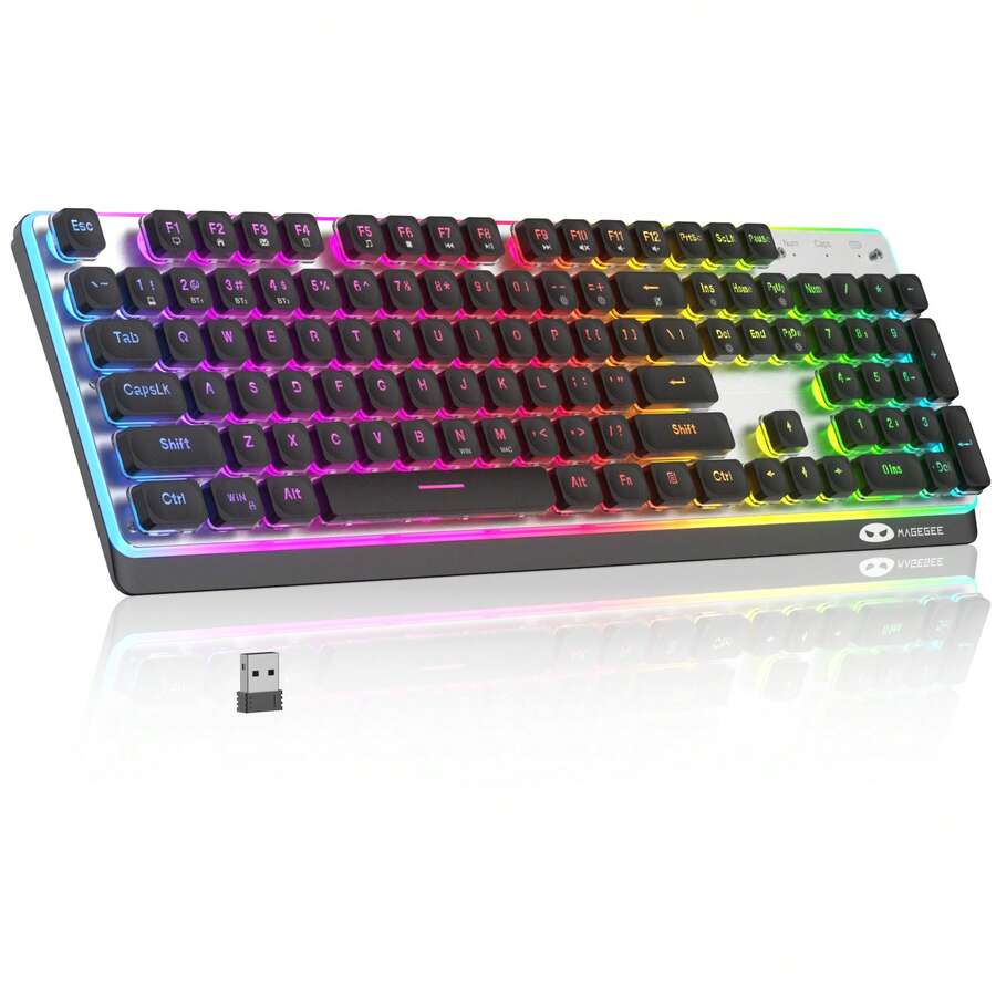 MageGee TS97 Tri‑Mode Membrane Keyboard, 104 Keys Full‑Size RGB Backlit Keyboard, Silent Typing, BT 2.4G Wireless Wired 3‑In‑1 Gaming Keyboard, 26‑Key Rollover, ABS Double‑Shot Keycaps For Desktop Laptop