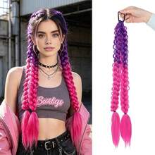Deep Purple Braided Ponytail Wig, Colorful Boxing Braids, Fluffy Hair Braid Ponytail Wig, Hair Tie Hair Band Hair Accessory - Pink - View 10