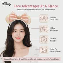 1PC Disney Style Princess Crown Sequin Minnie Mouse Ear Headband, Shiny Colorful Sequin Mouse Ears With Peach Satin Bow And Rhinestone Gold Crown Top, Essential Accessory For Disney Theme Park Travel And Vacation Outfits - Multicolor - View 7
