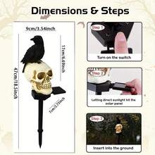 1pc Halloween Resin Solar-Powered Ground Stake Light, Crow And Skull Lantern, Suitable For Courtyard Landscape Decoration - Crow - View 4