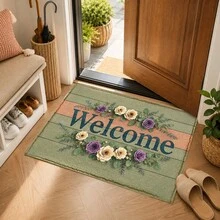 1pc Green Wooden Board Welcome Floral Pattern Printed Faux Cashmere Kitchen Mat, Absorbent Kitchen Rug, Kitchen Carpet, Long Runner Mat, Sink Front Mat, Suitable For Kitchen, Bathroom, Entryway, Hallway, Laundry Room And Home Decor - Multicolor - View 6