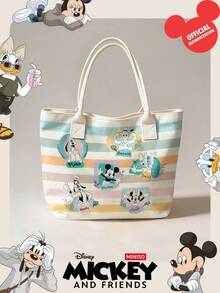 Miniso Disney Mickey And Friends 帆布托特包，馬卡龍色條紋印花，附手柄肩背包，適合日常使用 - 白色 - 查看 7