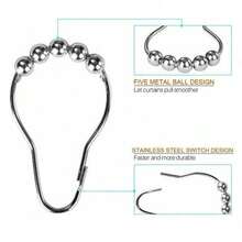 6/12/24pcs Rustproof Stainless Steel Shower Curtain Hooks Rings, Roller Ball Glide Metal Hooks For Bathroom Shower Rods Liner, Back To School Supplies College Dorm Bathroom Essentials Decor - A - View 2