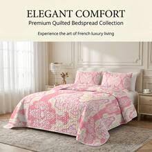 3pcs Pink Background With White & Yellow Floral Pattern Quilted Bedding Set (1 Bed Cover, 2 Pillowcases, Pillow Inserts Not Included) Breathable & Comfortable, Suitable For All Seasons, Holiday Gift, Ideal For Hotels, Guest Houses, Bedrooms, Ultra Soft & Breathable Sweat-Absorbent Bedding - Multicolor - View 4