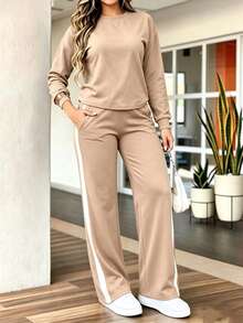 LUNNELUX Women's Autumn 2 Pieces Set, Crew Neck Drop Shoulder Sweatshirt + Side Stripe Wide Leg Pants Loungewear, Halloween Airport Travel Outfit - Apricot - View 9