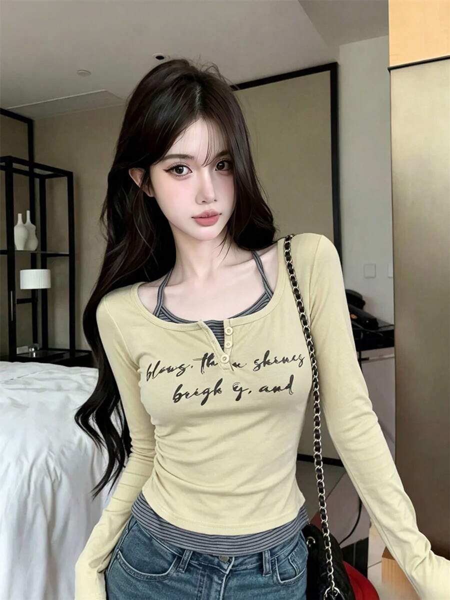 Women's Round Neck Patchwork Striped Halter Top With Drawstring Ruched Letter Print 2 In 1 Long Sleeve T-Shirt - Yellow - View 1