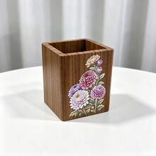 Tempat Pena Persegi dari Kayu Jati, Ember Pena Meja dengan Motif Bunga Klasik, Kotak Penyimpanan Meja Multifungsi, Cocok untuk Rumah, Kantor, Penyimpanan Alat Tulis dan Dekorasi - A - View 1