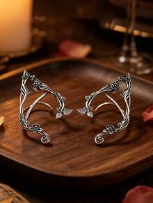 Ganchos de Orelha de Elfo com Flor de Rosa Vintage, Clipes de Orelha de Fada Leves, Brincos de Elfo Envolventes Feitos à Mão Requintados, Adequados para Halloween, Tema Renascentista, Casamento, Uso Diário, Acessórios de Fantasia Cosplay, Podem Ser Dados como Presentes de Feriado, Aniversário, Dia dos Namorados para Meninas e Namoradas - Multicolorido - Visão 5