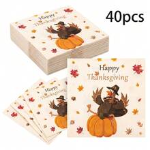 20/40/60pcs Thanksgiving Disposable Paper Napkins, 2-Ply Cartoon Turkey Pumpkin Maple Leaf Print Party Napkins, Suitable For Friendsgiving Party, Autumn Harvest Celebration, Baby Shower, Bridal Shower, 6.5*6.5 Inches - Multicolor - View 11