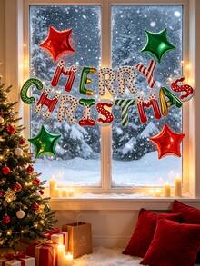 18pcs/Set "Merry Christmas" Letter Balloon Set (Foil), With Red And Green Star Balloons; Suitable For Decorating Christmas Parties, Events And Home Interiors, Also Can Be Used To Create Festive Atmosphere In Store Windows And Walls. - Multicolor - View 2