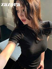 小眾法式蕾絲設計修身短版顯瘦輕量透氣透明防曬舒適短袖T恤 夏季服飾（建議搭配內搭衫） - 黑色 - 查看 3